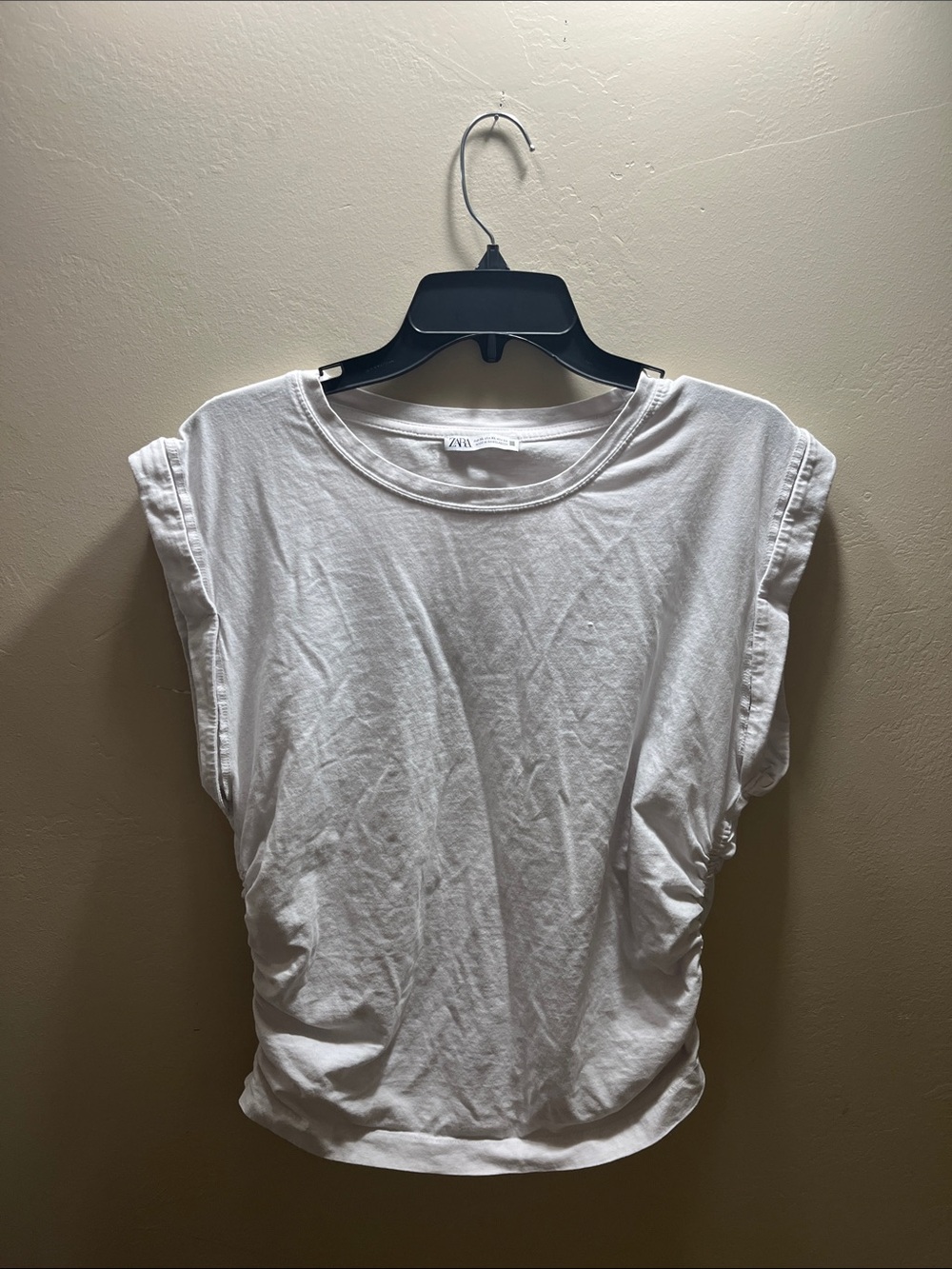 Zara White Sleeveless Ruched Cotton Tank